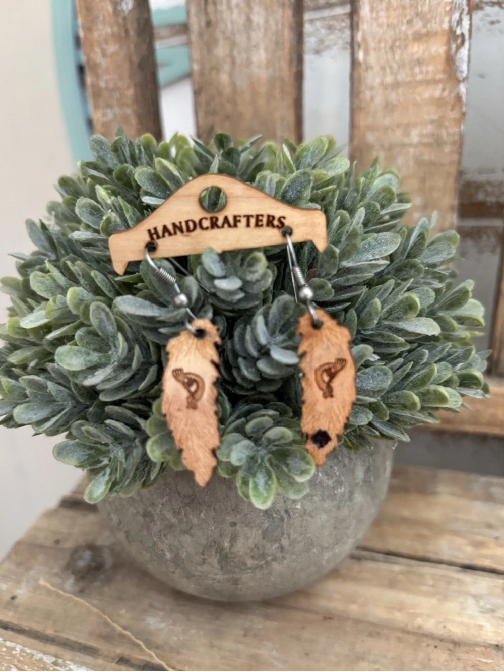 Handcrafted Kokopelli Feather Laser Cut Wood Earrings NEW!